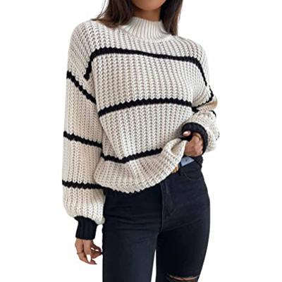 China Anti-Wrinkle Firm Neck Stripe Color Matching Women's Long Sleeve Loose Pullover Sweater Top for sale