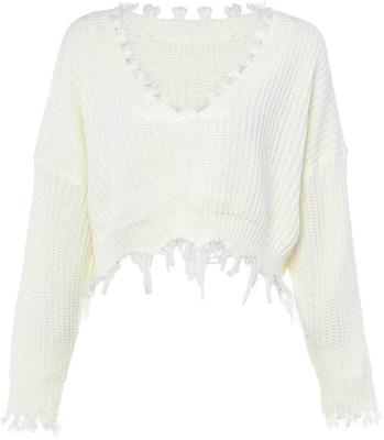 China Anti-Wrinkle V-Neck Fringed Cropped Pullover Sweater for sale