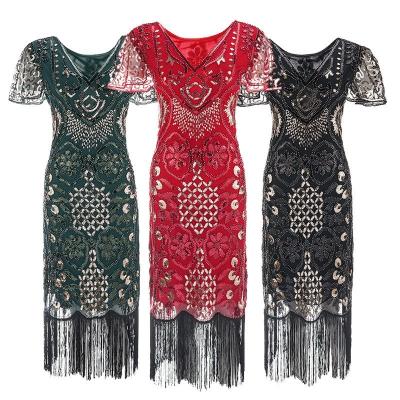 China Sets Vintage 1920 Sequined Beaded Dress Front And Back V Neck Fashion Fringed Dress for sale