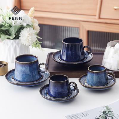 China Best Viable Selling Nordic Style Ceramic Fambe Blue Color Coffee Cup And Saucer for sale