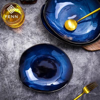 China 7.25 Inch Japanese Restaurant Dishes Viable Plates Ceramic Blue Irregular Shaped Dinner Dishes for sale