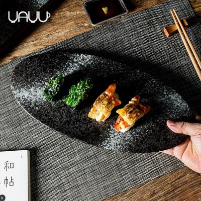 China China Tableware Manufacturer Japan Sustainable Style Black Oval Dish Flat Tray Sushi Plate for sale