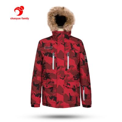 China QUICK DRY Red Camouflage Print Long Down Jackets Hooded Hairy Mens Coats Jackets for sale