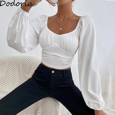 China 2022 Anti-wrinkle Autumn Puff Sleeve Blouses Women Long Sleeve Square Neck Crop Top Casual Shirts for sale