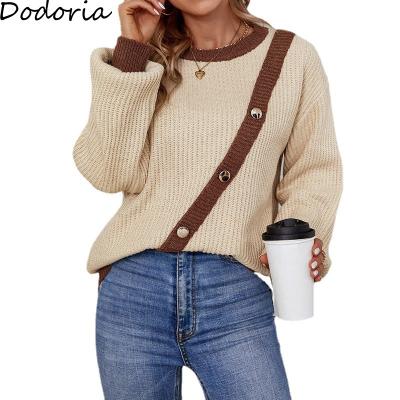 China Anti-Wrinkle Winter Fashion Custom House Lady Color Blocking Button Manufactured Casual Sweaters For Women for sale