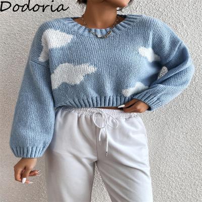 China Anti-Wrinkle Netting Sky Blue Knitting Clothes Custom Girl Jacquard Sweater Knitted Tops Women Sweaters for sale