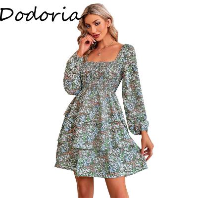 China Elegant Ladies Autumn Dress Teal Anti-Static Flower Women Dresses Long Sleeve Dress for sale