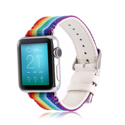 China Fabric Rainbow Color Canvas Leather Watchband For Apple Watch 38mm 42mm iWatch Series 6 5 4 3 2 1 Watch Band for sale