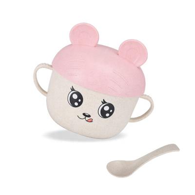 China Cute Children Straw Viable Cartoon Baby Tableware Bowl Spoon Set With Two Ears Cover Auxiliary Food Feeding Tableware for sale