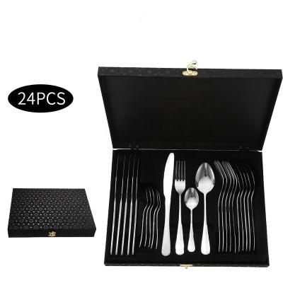 China Sustainable Luxury Custom Silver Logo Dinnerware Cutlery Tableware Spoon Knife 410 Stainless Steel Flatware Sets With Wooden Box for sale