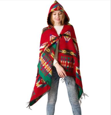 China 2021 2022 Women Ladies Autumn Fall Ethnic Mexican Anti-pilling Winter Knitted Hooded Poncho Shawls for sale