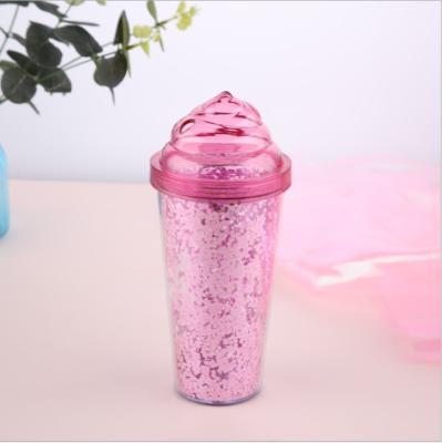 China Custom Printed 16oz Glitter Ice Cream Wholesale Disposable Double Lid Wall Plastic Drink Cup With Straw for sale