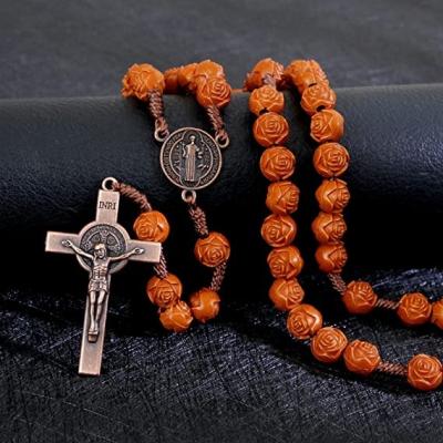 China TRENDY Handmade Wood Rosary Plastic Rose Rosary Catholic Bead Rosary for Men Women for sale