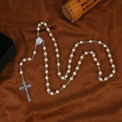 China Religious Virgin Mary Triangle Pearl Rosary Cross Catholic Christian Wedding Prayer Beads necklace for sale