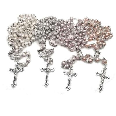 China Europe and America New Religion Christian bracelets For Women Virgin Mary Jesus Cross pendant Long Necklace Freshwater Pearl Prayer Rosary Beads for sale