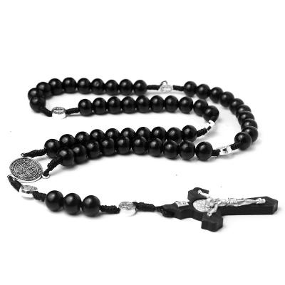 China Religious Natural Wooden Cross Rosary Necklace Handcrafted Black Wooden Beads Saint Benedict Pendant Prayer Protection Necklace for sale