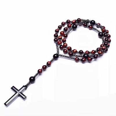 China Europe and America Natural Stone Red Tiger Eye Onyx Catholic Christ Rosary Necklaces With Hematite Cross Pendant Necklace For Men Women Jewelry for sale