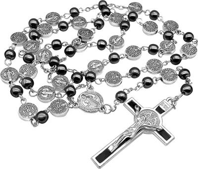 China TRENDY Saint Benedict Hematite Rosary Metal Beads Medal and Cross Holy Prayer Rosaries For Men Women Catholic Necklace for sale