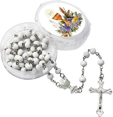 China Religious 12 PCS First Communion Favors of Wooden Rosary in a Container with Gift Bag Blessed Catholic Rosary Necklace in Bulk Boy Girl ne for sale