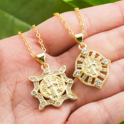 China Europe and America Cool Wind Fashion Real Copper Plated Gold Micro-Set Zircon Creative Saint Benedict Pendant Necklace for sale