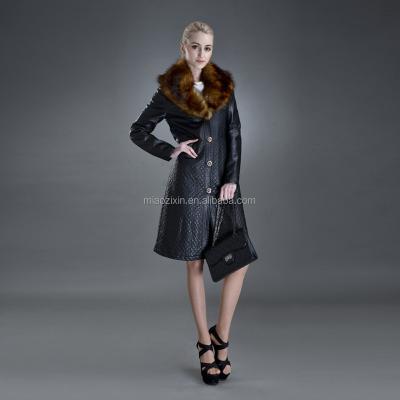 China New Women's HOT Style PU Leather Coat Anti-Shrink Long Checked Overcoat for sale