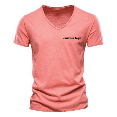 China New 2022 summer fashion men's solid color custom logo wicking V-neck cotton short sleeve anti-wrinkle T-shirt for men for sale