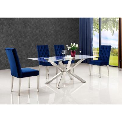 China Factory Customized Modern Luxury Glass Square Leg Dining Table Luxury Dining Table Stainless Steel Dining Chair for sale