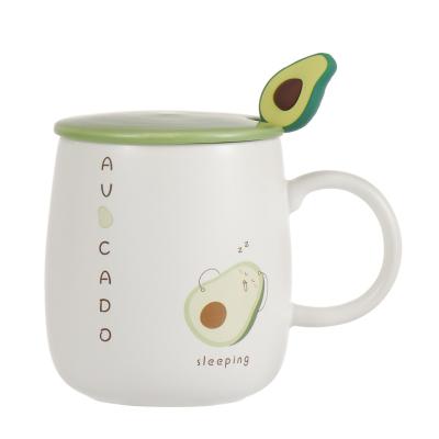 China Viable Cute Avocado Mug Cartoon Office Ceramic Water Mug With Lid Spoon Cup Creative Coffee Mug for sale