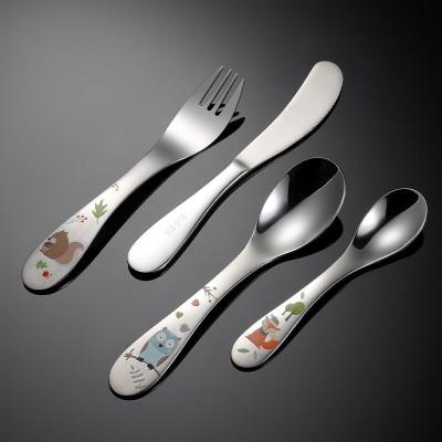 China Viable 304 Stainless Steel Pattern 4 Piece Spoon Fork Children's Tableware Set Viable for sale