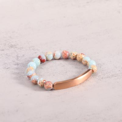 China Handmade high grade 8mm stone wrap natural stone bracelets natural custom boho bracelet Matte18K Rose Gold Wide Stainless Steel for sale