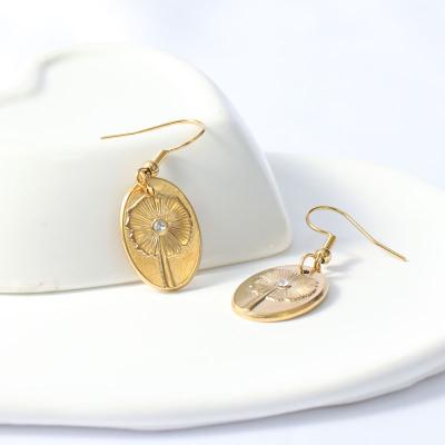 China DIY Romantic Handmade Oval 18K Gold Plated Stainless Steel Zircon Dandelion Pattern Dangle Earrings for sale