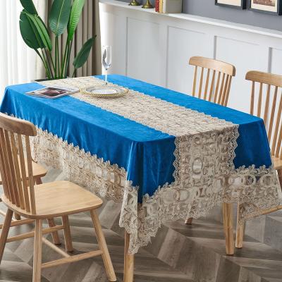 China Custom Vintage Home Textile Lace Velvet Rectangle Beige Tablecloth Custom Dining Table Covers for sale