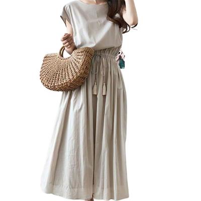 China OEM Breathable Natural Comfortable Plain Short Sleeve Women Dresses Solid Color Breathable Canvas Bow Tie Up O Neck Long Maxi Dress for sale