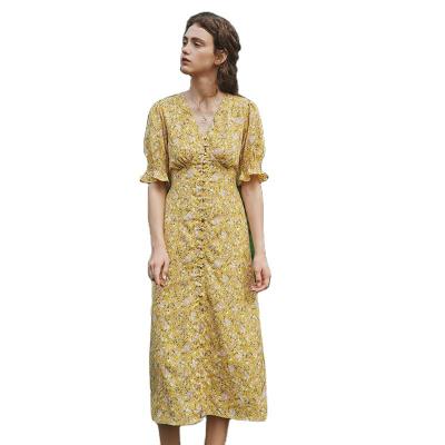 China 2023 Digital Printing Skirt Summer Fashion Women Wear Yellow Floral Bubble Sleeve V-Neck Belt Dress Anti-Static Custom Made for sale