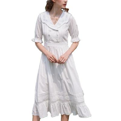 China Summer Anti-Static Hot Selling High Quality Women's Casual Elegant Long Skirt Lapel Two Tier Long Button Embroidered White Dress for sale