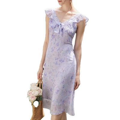 China High Quality Hot Selling Summer Fashion Chiffon Skirt Digital Anti-static Printing Women's V-neck Ruffle Purple Floral Dress Customized for sale