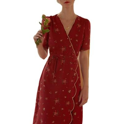 China Large Anti-static Print Chiffon Dress Hot Casual Elegant Wine Red Women's Digital Floral Dress for sale