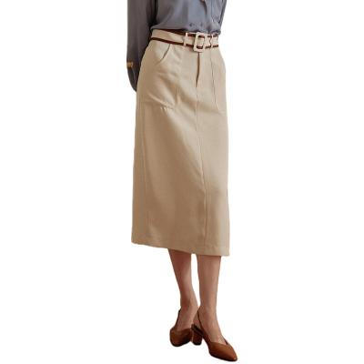 China Anti-Static Custom Made Waist Longer Waisted Fashion High Slit With Pockets Khaki Straight Half Skirt Office For Women for sale