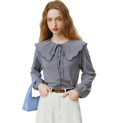 China The top of the new age-reducing cute large doll collar plaid commuter shirt anti-pilling slim women wind exposure for sale