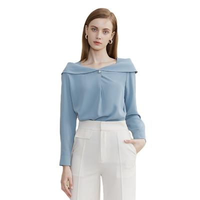 China Elegant Solid Color V-Neck Top Chiffon Ruffled Ladies Blue Sheath Blouses Shirt Design Anti-pilling Fashion Women's Long Tops for sale