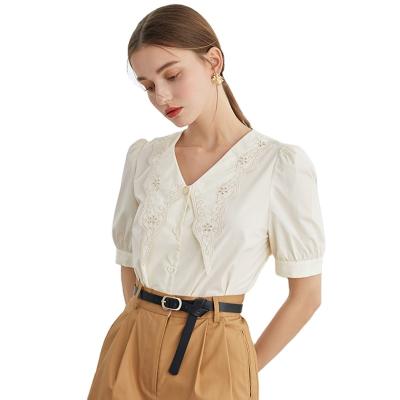 China Anti-pilling 2023 White Short Sheathed Casual Women Office Blouses Ladies Shirt Female Blouses Lace Collar Puff Sleeves for sale