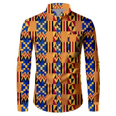 China Anti-Shrink Customize Design African Clothing Mens Print Sleeve Shirt Button Down Long Striped Shirt for sale