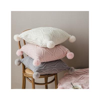 China Anti-Static Knit Pillow Case Luxury Home Square Chenille Pompom Plush Sofa Decorative Tile Case for sale