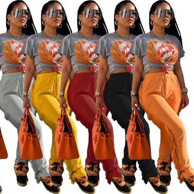 China OUDINA fashion solid color hot selling casual tassel slit anti-pilling fringed trousers fringe joggers for sale