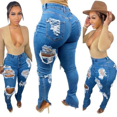 China OUDINA waterproof classy popular elastic slit washed blue casual ripped jeans pants women denim panties for sale