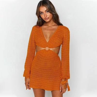 China OUDINA Night Club Women Long Sleeve Dress Mesh V-Neck Solid Color Anti-Static Sexy Hollow Hollow Cut Short Dresses for sale