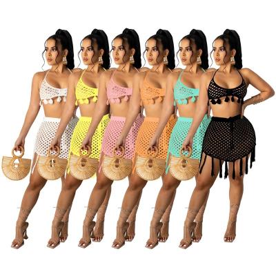 China OUDINA QUICK DRY New Products Knitted Mesh Bikini Beach Wear Cover Up Two Piece Crop Skirt Top Set for sale