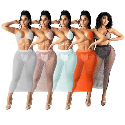 China New OUDINA QUICK DRY Hot Design Mesh Bikini Swimsuit Cover Up Beach Wear Halter Tops And Skirt Set for sale