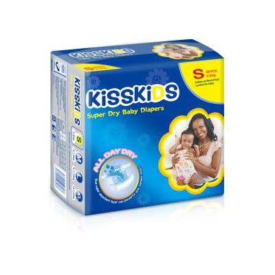 China Kisskids Printed Cheap Stock Care Daily Comfort Baby Fitted Disposable Wholesale Diapers for sale