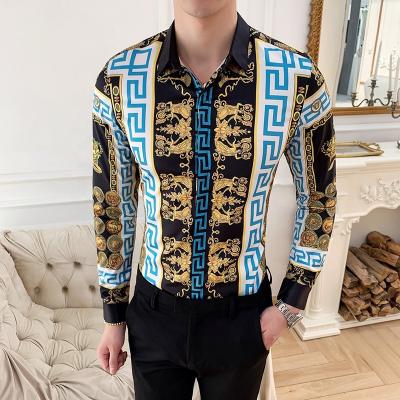 China Custom Wholesale Anti Shrink Tie Printing Gold Building Flower Cartoon Flag Gulidd Style Casual Silm Fitted Long Sleeve Shirt For Men for sale